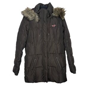 Hollister Brown Down Parka Jacket Women's  Size L Faux Fur Hood Y2K Bella Swan